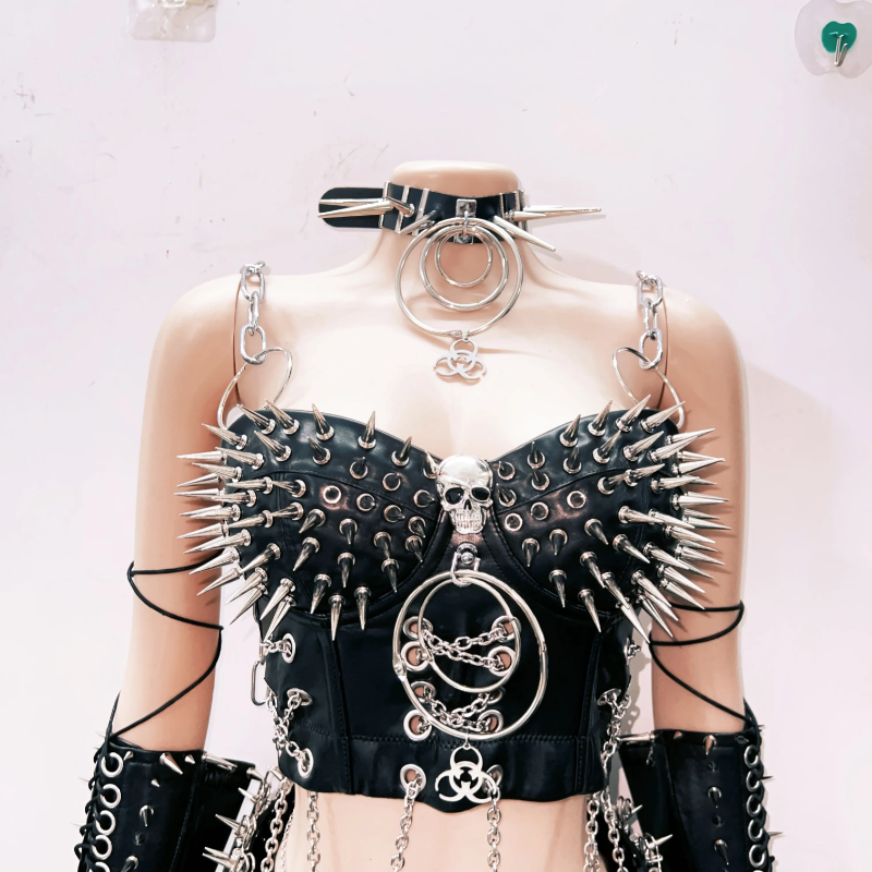 Unleash Your Inner Rebel: Spiked & Chained Gothcore Faux Leather Set - Halloween & Concert Ready