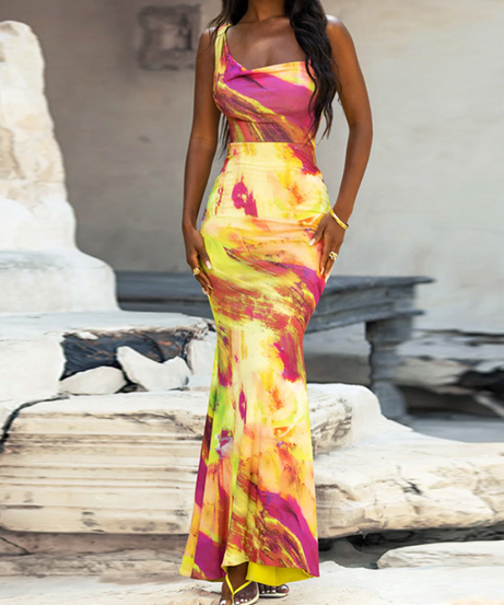 Vibrant Abstract Cowl Neck Maxi Dress - Your Go-To for Fall & Holiday Parties