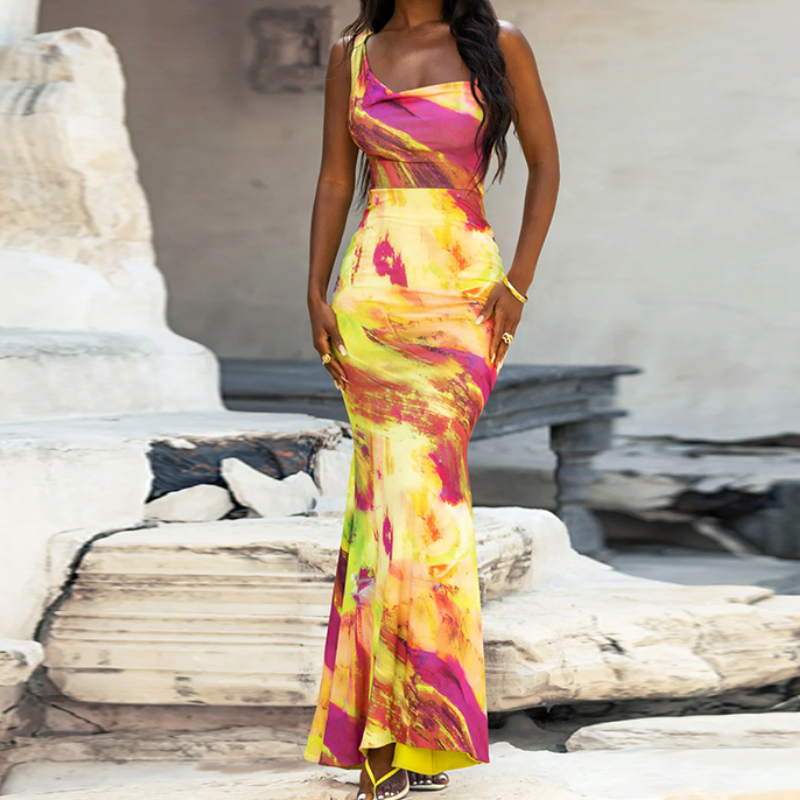 Vibrant Abstract Cowl Neck Maxi Dress - Your Go-To for Fall & Holiday Parties