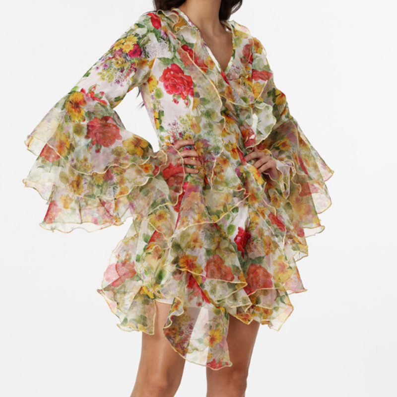 Effortless Blue Floral Ruffle Mini Dress - Chic V-Neck Bell Sleeve for Fall Getaways & Holiday Parties