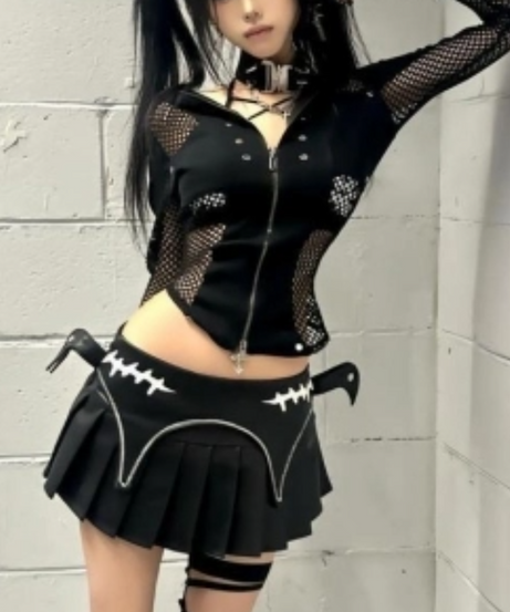 Edgy Goth Siren Fishnet Zip Hoodie & Pleated Faux Leather Mini Skirt Set