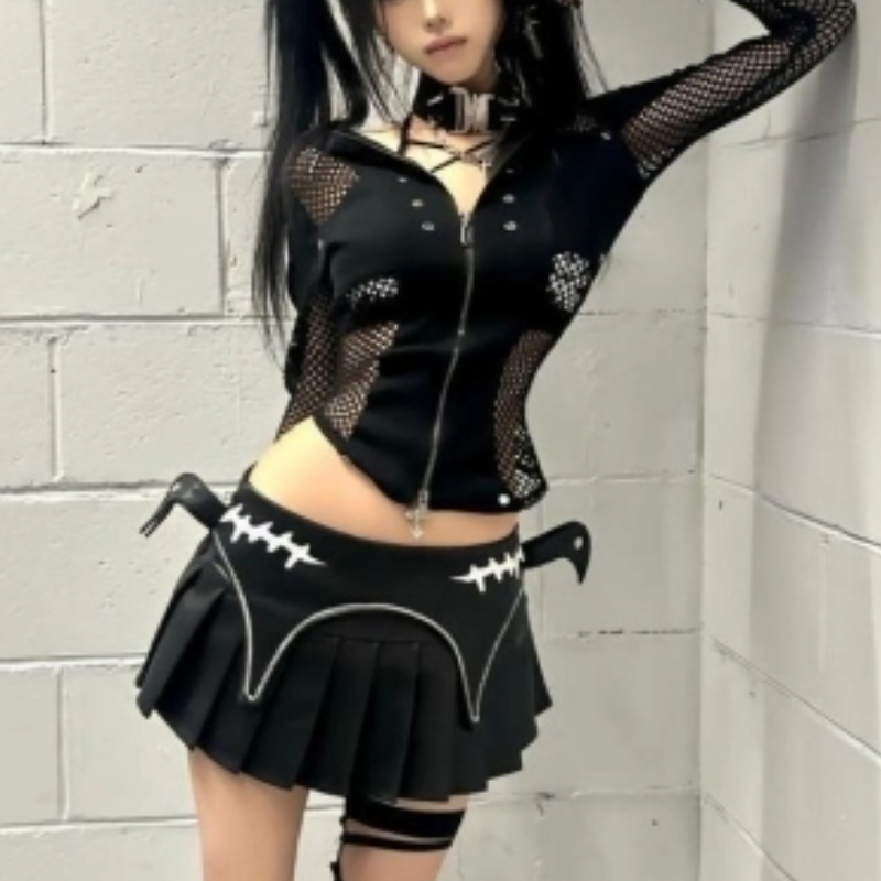 Edgy Goth Siren Fishnet Zip Hoodie & Pleated Faux Leather Mini Skirt Set