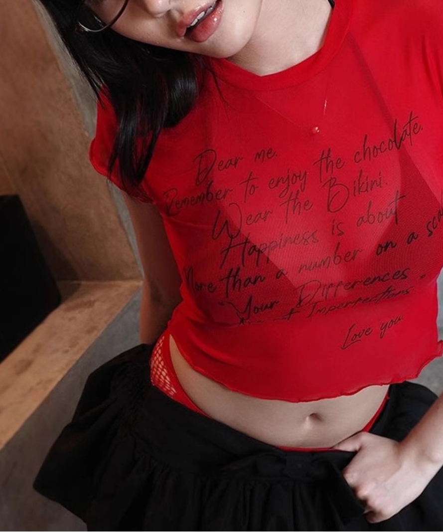 Empower Her: Self-Love Club Red Mesh Crop Top - Trendy Sheer Tee with Body Positive Message