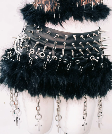 Unleashed Wild Child: Spiked Leopard Faux Fur Halter Top & Chain Skirt Set - Halloween & Rave Ready
