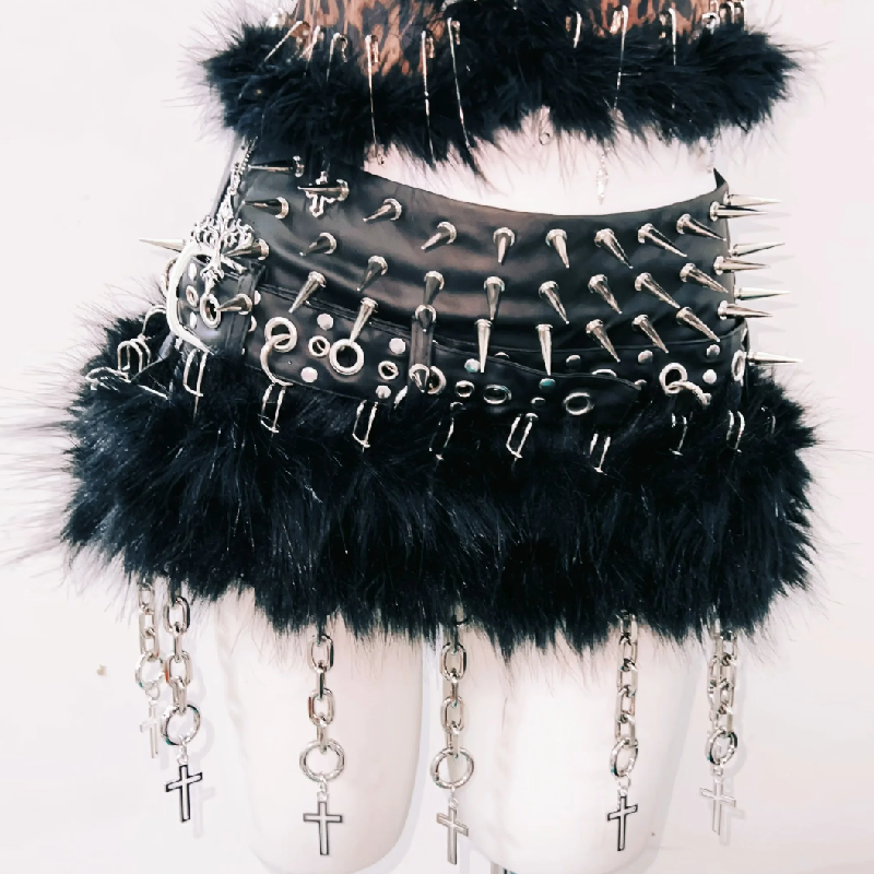 Unleashed Wild Child: Spiked Leopard Faux Fur Halter Top & Chain Skirt Set - Halloween & Rave Ready