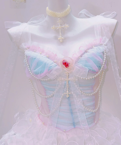 Ethereal Pastel Pearl Princess Gown - Dreamy Coquette Dress for Fall & Holiday Formals