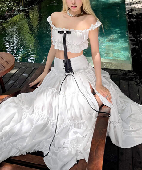 Effortless White Boho Chic Tiered Maxi Skirt with Corset Lace-Up & High Slit