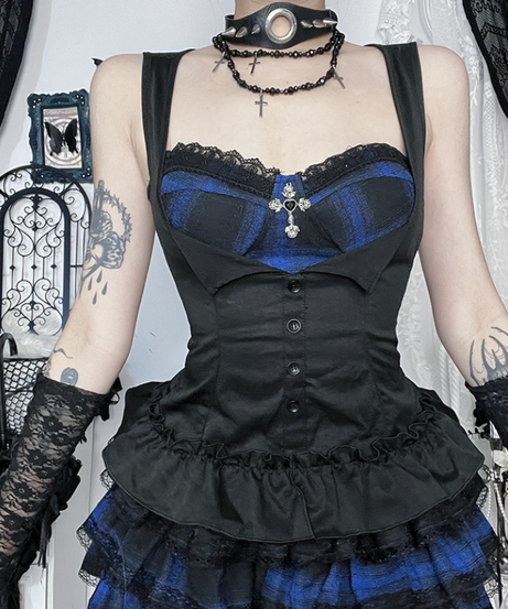 Gothic Blue Plaid Corset Top | Edgy Fall & Halloween Ruffle Bustier