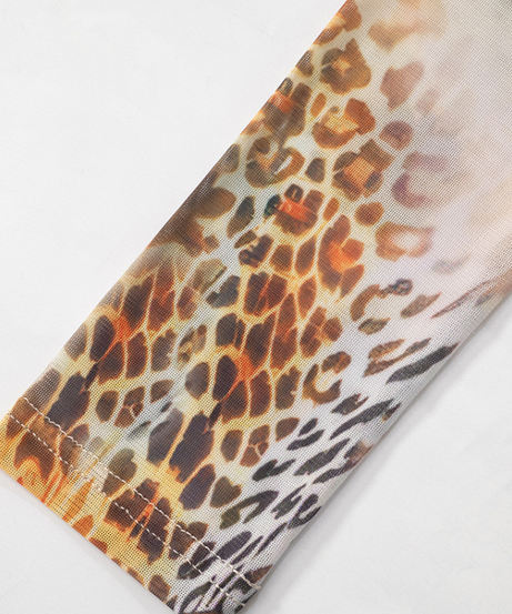 Fierce Fall Abstract Animal Print Mesh Long Sleeve Top - Orange Haze Y2K Style