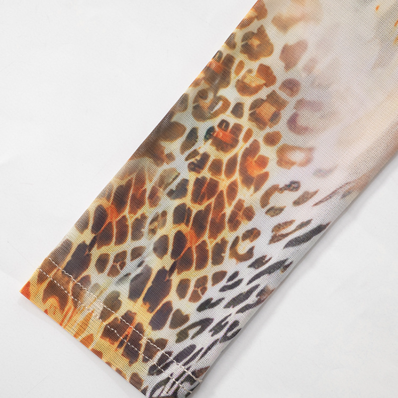 Fierce Fall Abstract Animal Print Mesh Long Sleeve Top - Orange Haze Y2K Style