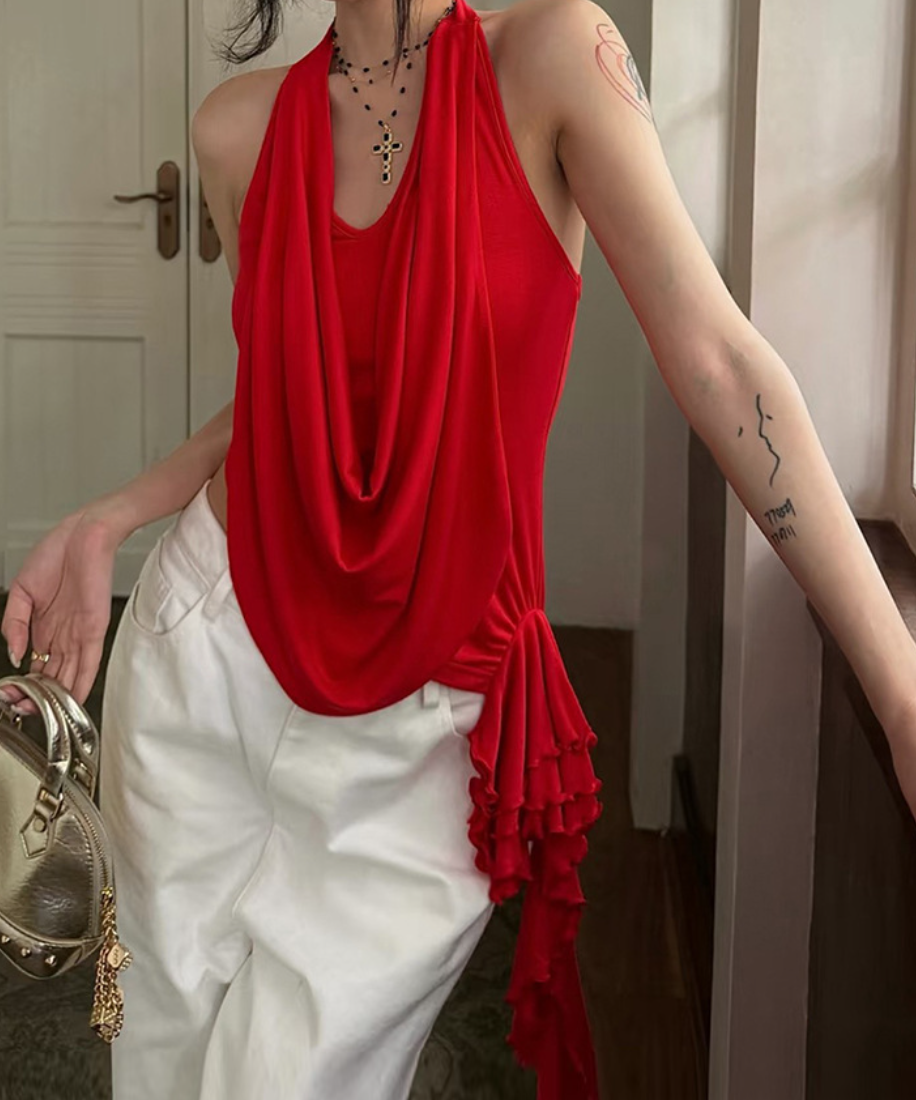 Effortless Glamour: Red Draped Halter Top - Chic Cowl Neck & Backless Style for Fall Evenings