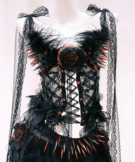 Vampire Queen Spiked Lace Corset & Ruffle Mini Set - Ultimate Halloween & Goth Glam