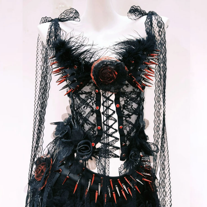 Vampire Queen Spiked Lace Corset & Ruffle Mini Set - Ultimate Halloween & Goth Glam