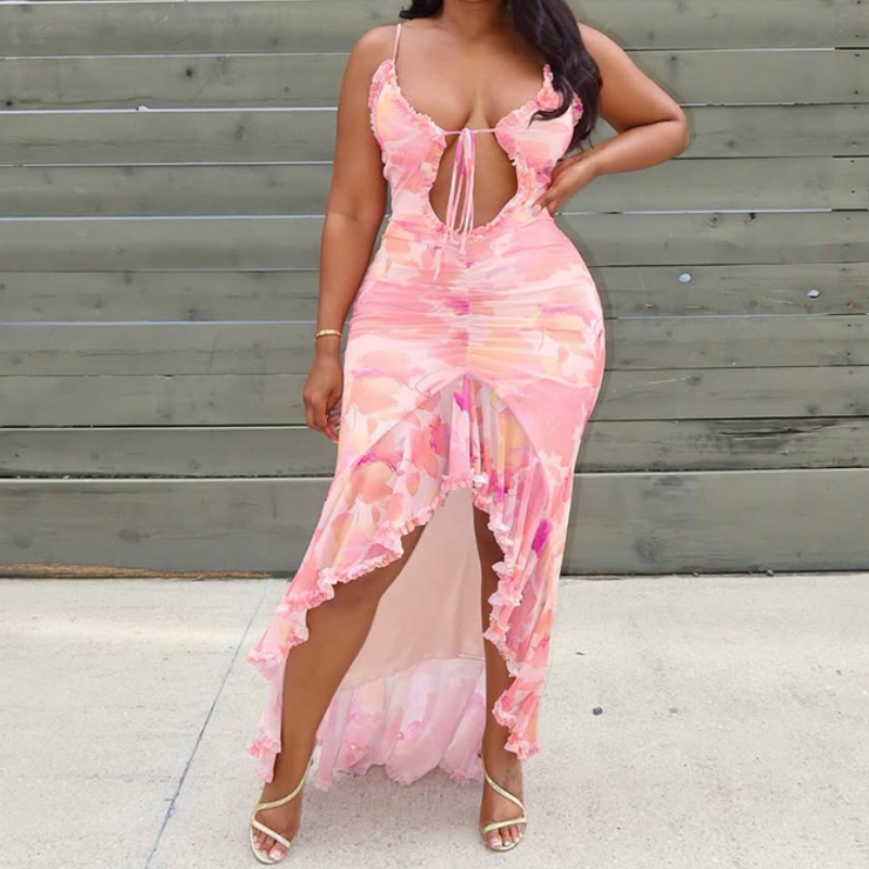 Pink Paradise Floral Ruffle Cutout Midi Dress - Your Ultimate Tropical Getaway & Resort Essential
