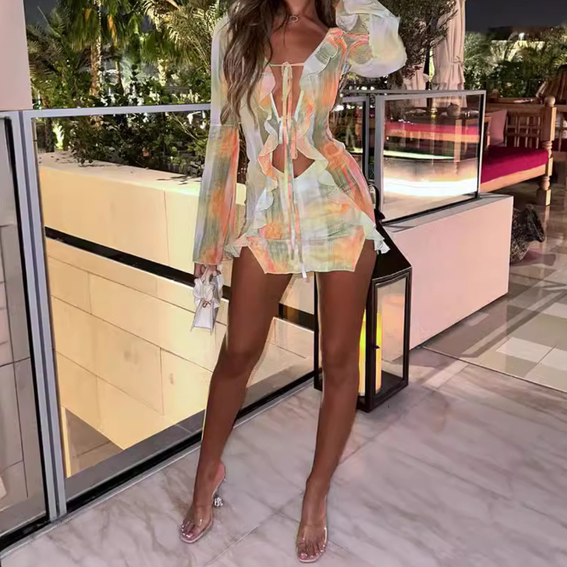Fall Fiesta: Vibrant Mesh Ruffle Cut-Out Mini Skirt Set - Party & Vacation Ready