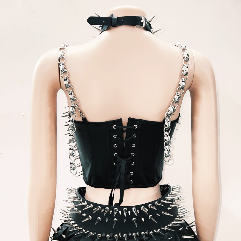 Ultimate Spiked Gothic Punk Corset Top & Pleated Mini Skirt Set - Halloween & Party Ready!