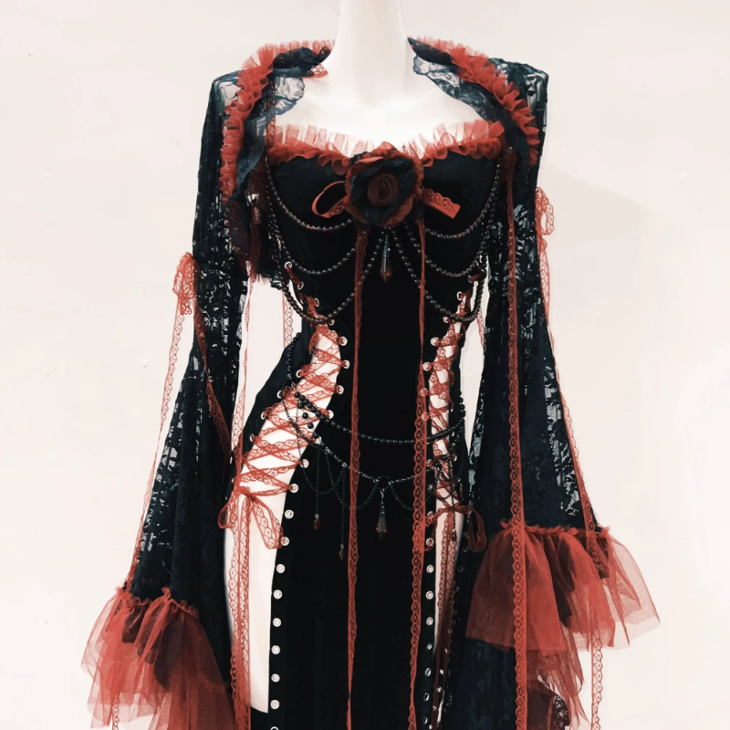 Enchanting Gothic Vampire Corset Maxi Dress with Lace Shrug & Ruffled Sleeves - Halloween & Fall Ready!