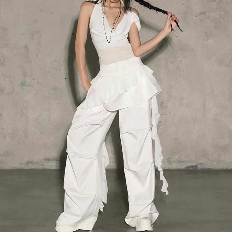 Elevated Draped Halter Top: Chic Ribbed Cold Shoulder for Fall & Holiday Style