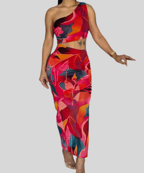 Vibrant One-Shoulder Cutout Maxi Skirt Set - Fall Event & Resort Ready