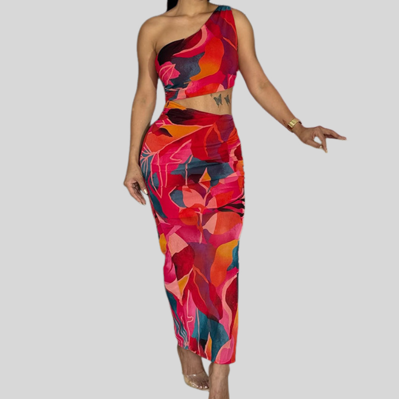 Vibrant One-Shoulder Cutout Maxi Skirt Set - Fall Event & Resort Ready