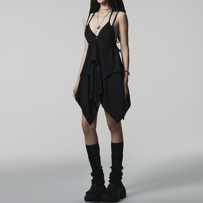 Haunted Glam Black Asymmetrical Mini Dress - Edgy Deep V Cami for Fall Nights & Halloween
