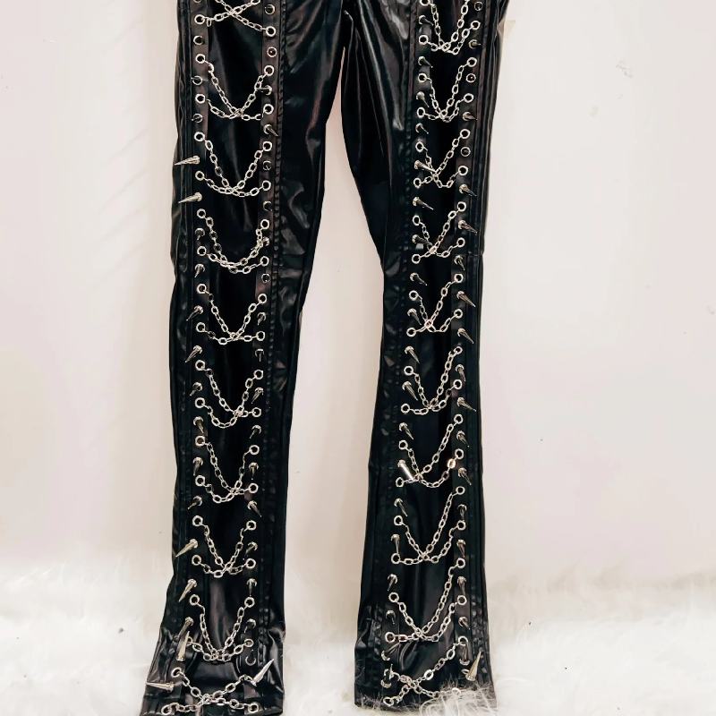 Women's Rebel Chain & Spike Faux Leather Pants - Edgy Goth Clubwear for Spooky Season