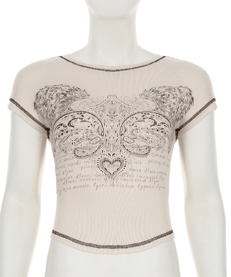 Y2K Vintage Winged Heart Graphic Tee - Contrast Stitch Fall Crop Top for Women