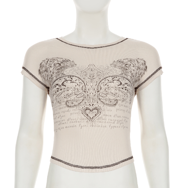 Y2K Vintage Winged Heart Graphic Tee - Contrast Stitch Fall Crop Top for Women