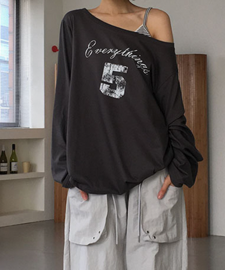 Effortless Fall Chic: Oversized One-Shoulder 'Everything 5' Graphic Long Sleeve Top