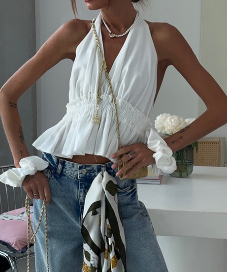 Effortless Chic: White Ruched Halter Peplum Top – Your Perfect Fall & Resort Style
