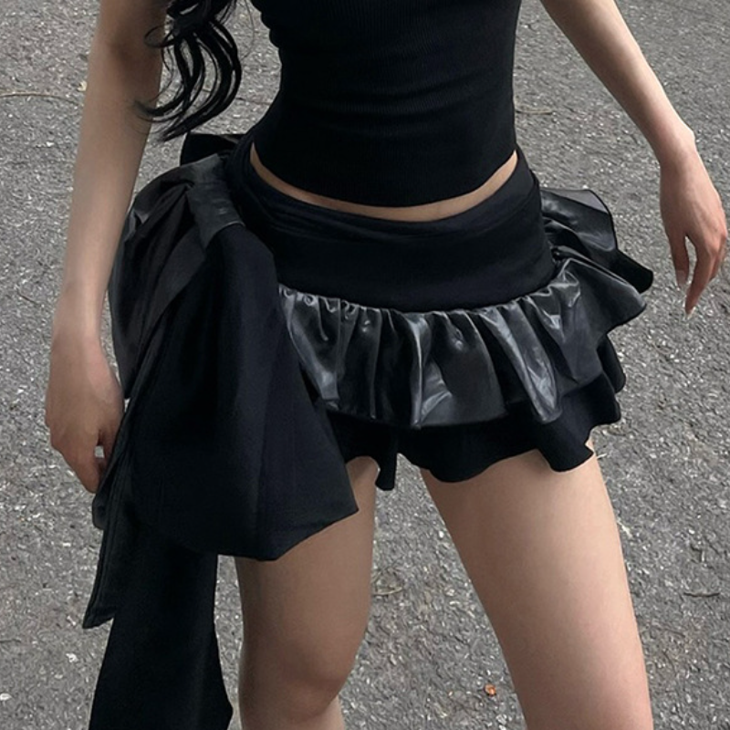Edgy Asymmetrical Ruffle Mini Skirt - Faux Leather Detail & Fall Ready Style