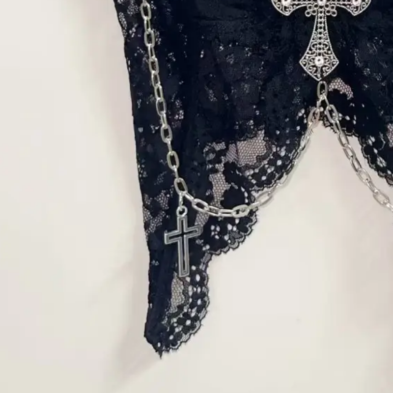 Haunted Heart Black Lace Cami Top - Gothic Skull & Cross Chains for Spooky Season Style