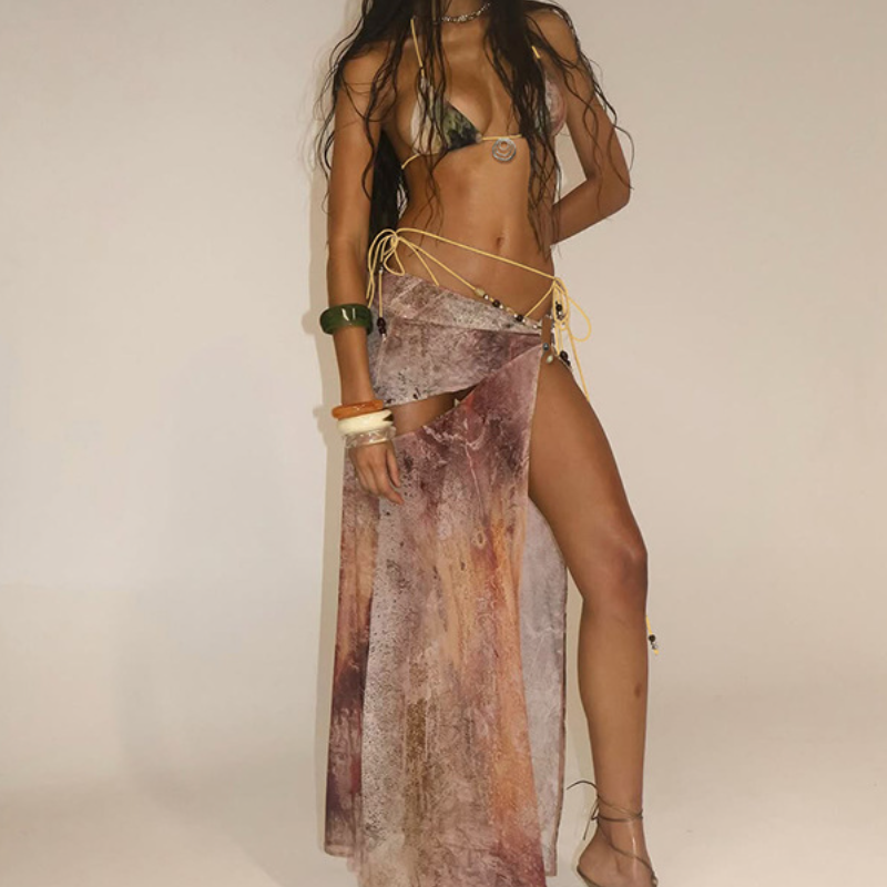 Escape the Chill: Trendy Abstract Halter Bikini & Sheer Lace-Up Sarong 3-Piece Set - Your Ultimate Resort & Cruise Ready Look