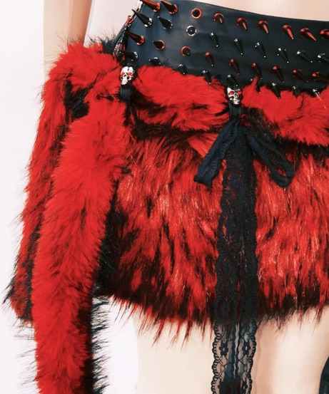 Fierce Faux Fur Spiked Mini Skirt Set - Red & Black Halloween Rave & Festival Ready