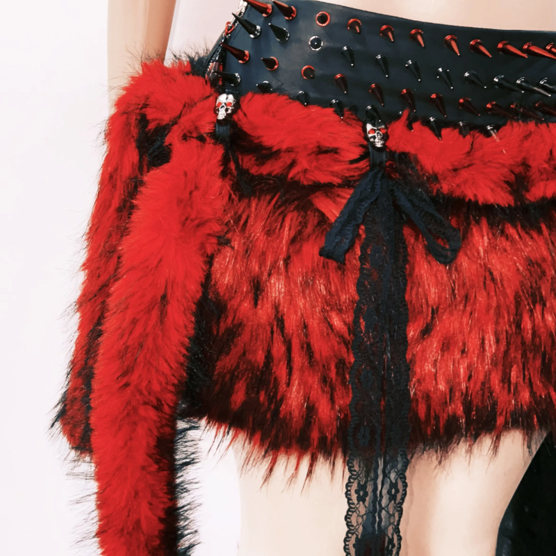Fierce Faux Fur Spiked Mini Skirt Set - Red & Black Halloween Rave & Festival Ready