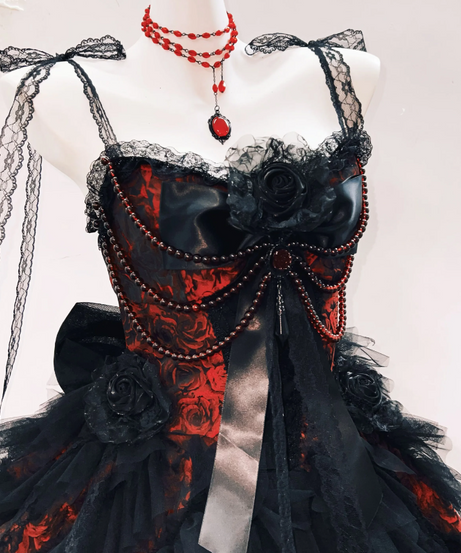 Gothic Romance Ruffled Mini Dress | Black & Red Corset Style for Halloween & Fall Parties