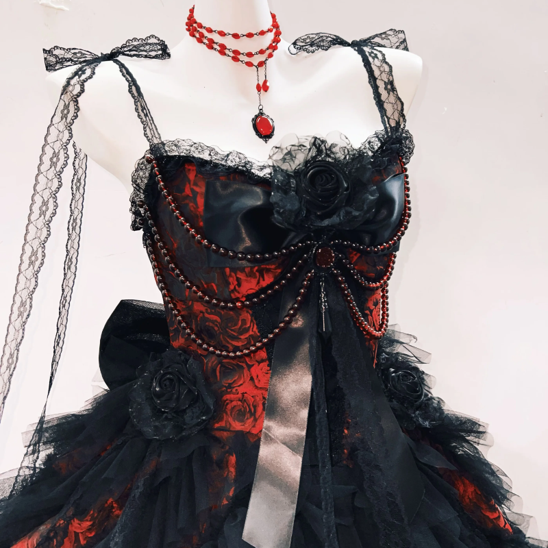 Gothic Romance Ruffled Mini Dress | Black & Red Corset Style for Halloween & Fall Parties