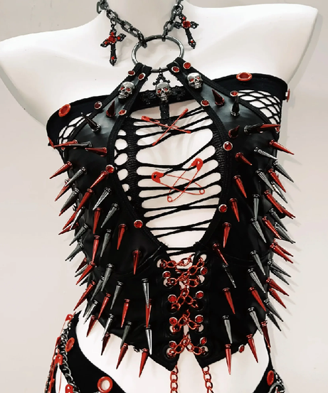 Fierce Spiked & Chained Goth Punk Halloween Set - Strapless Top, Shorts & Choker