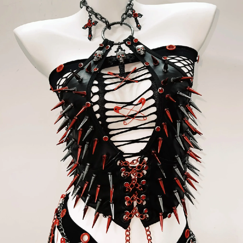 Fierce Spiked & Chained Goth Punk Halloween Set - Strapless Top, Shorts & Choker