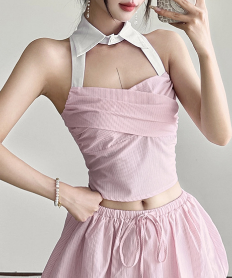 Chic Striped Halter Crop Top with Preppy Collar - Effortless Fall Transition Style