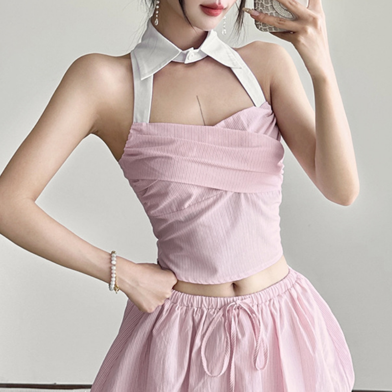 Chic Striped Halter Crop Top with Preppy Collar - Effortless Fall Transition Style