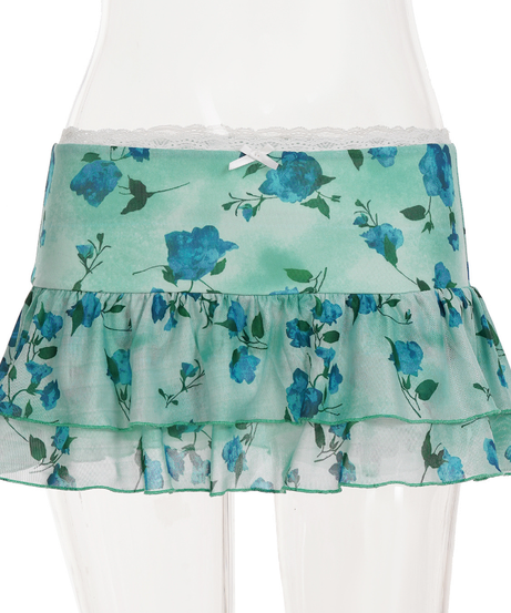 Y2K Coquette Blue Floral Ruffle Mini Skirt - Lace Trim & Bow Detail for Flirty Fall Style