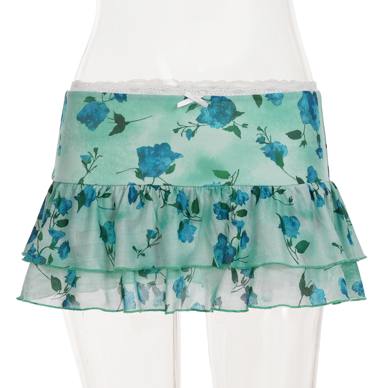 Y2K Coquette Blue Floral Ruffle Mini Skirt - Lace Trim & Bow Detail for Flirty Fall Style