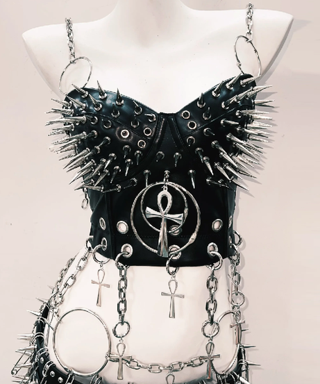 Spiked Ankh Gothcore Halloween Festival Two-Piece Set | Edgy Chain & O-Ring Outfit for American Women