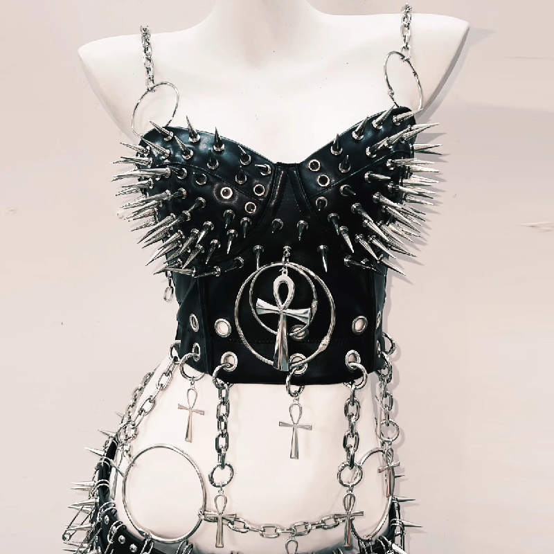 Spiked Ankh Gothcore Halloween Festival Two-Piece Set | Edgy Chain & O-Ring Outfit for American Women