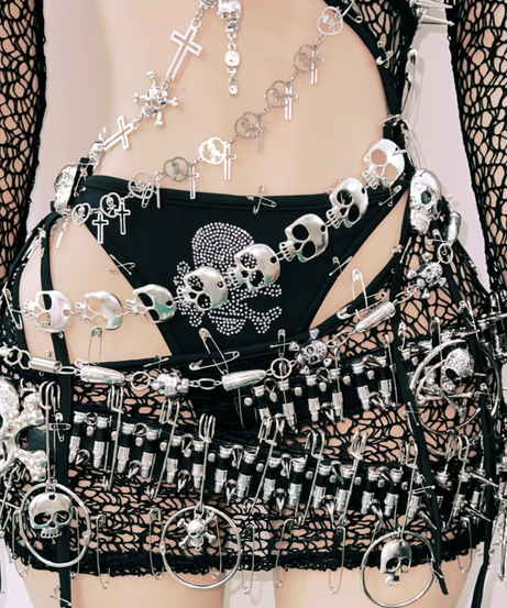 Spooky Chic Skull & Chain Mesh 3-Piece Set - Ultimate Halloween Rave & Festival Outfit