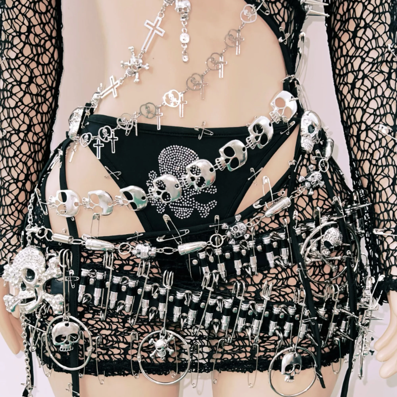 Spooky Chic Skull & Chain Mesh 3-Piece Set - Ultimate Halloween Rave & Festival Outfit
