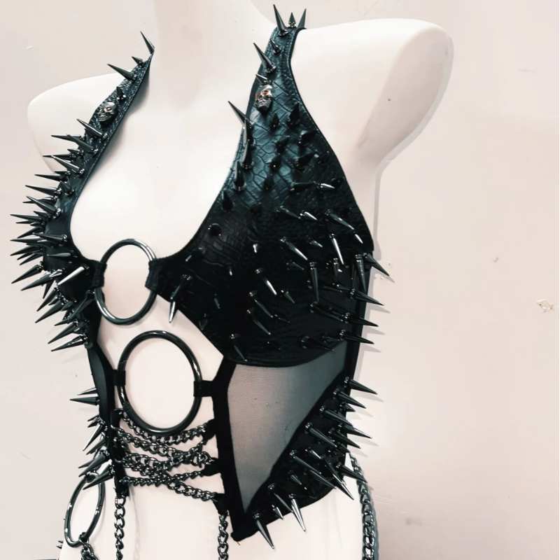 Gothic Spiked & Chained Halter Mini Skirt Set | Unleash Your Edge for Halloween & Fall Parties