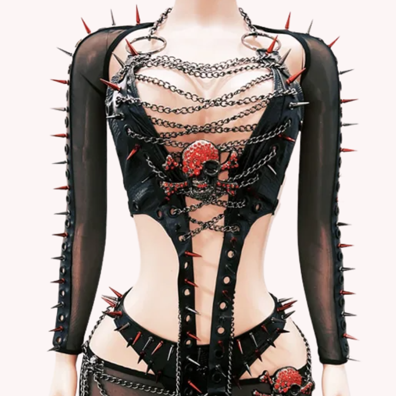 Fierce Spiked Chains & Skull Mini Dress - Ultimate Halloween & Gothic Clubwear