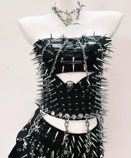 Unleash Your Inner Rebel: Ultimate Spiked Faux Leather Goth Punk Halter Top & Skirt Set – Halloween & Rave Ready